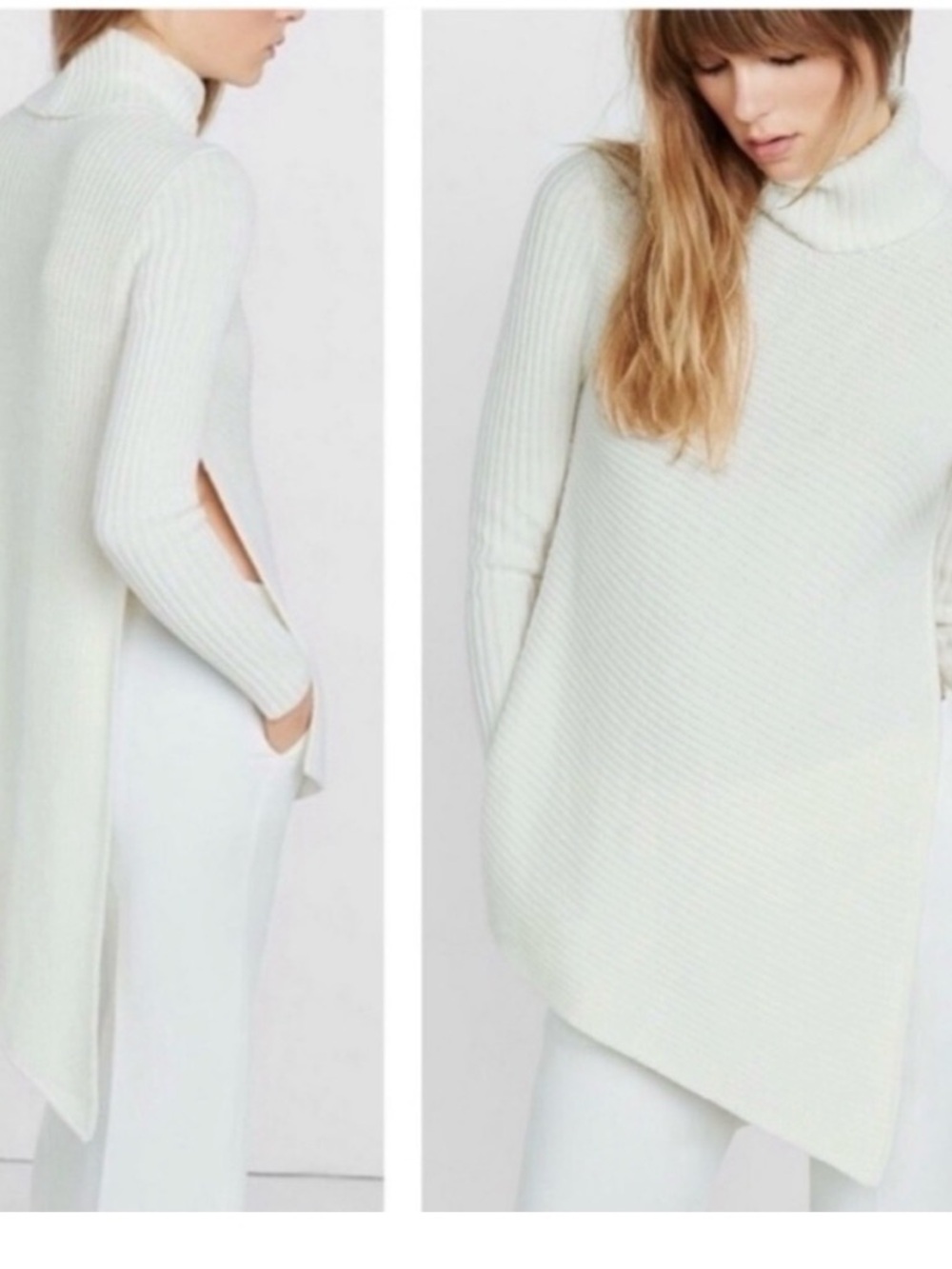 Express Cream Ribbed Asymmetric Turtleneck Sweater